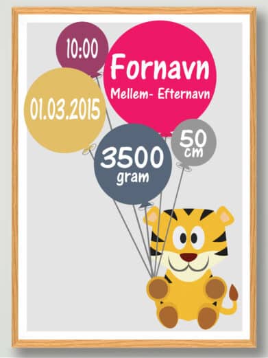 Fødselsplakat med tiger og balloner. Plakaten indeholder navn, vægt højde, fødselstidspunkt og dato