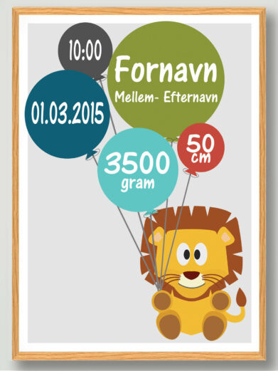 Fødselsplakat med løve og balloner. Plakaten indeholde navn, fødselstidspunkt, højde, dato og vægt