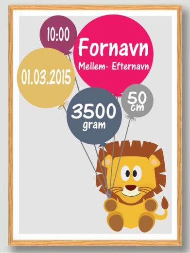 Fødselsplakat med løve, der holder balloner. Plakaten indeholder navn, vægt, højde, fødselstidspunkt og dato