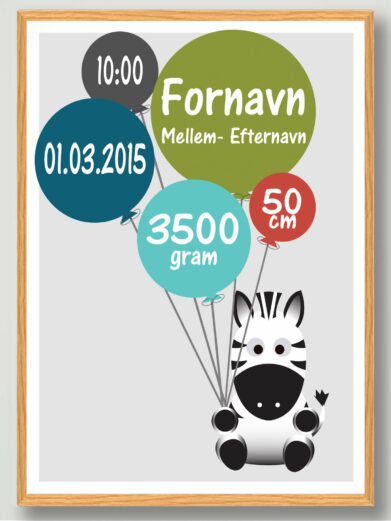 Fødselsplakat med zebra og balloner. Plakaten indeholder, navn, vægt, højde, fødselstidspunkt og dato