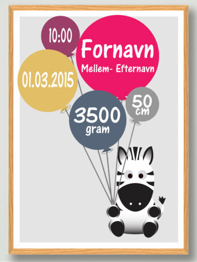 Fødselsplakat med zebra og balloner. Plakaten indeholder navn, vægt, højde, fødselstidspunkt og dato