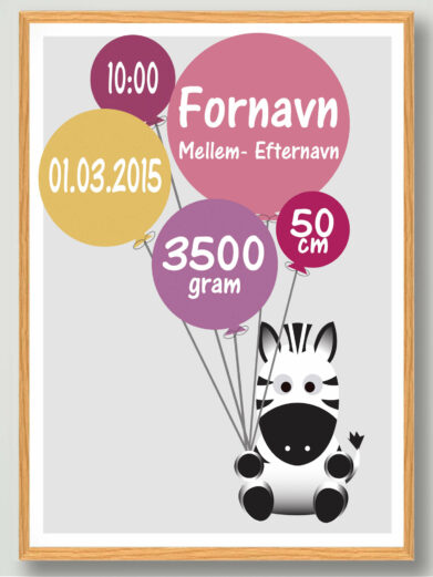 Fødselsplakat med zebra og balloner. Plakaten indeholder navn, vægt højde, fødselstidspunkt og dato