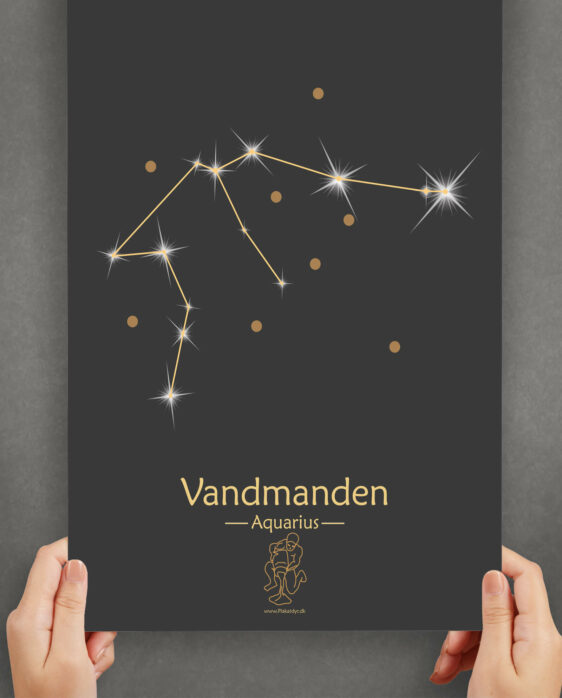 Vandmanden stjernetegn plakat på sort baggrund. Viser stjernebilledet af stjernetegnet vandmanden