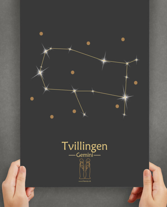 Tvillingen stjernetegn plakat på sort baggrund. Viser stjernebilledet af stjernetegnet Tvillingen