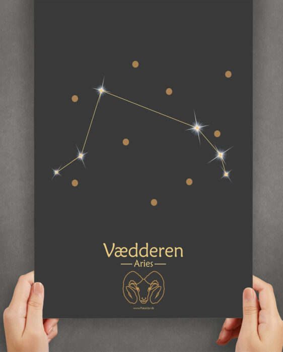 Vædderen stjernetegn plakat på sort baggrund. Viser stjernebilledet af stjernetegnet vædderen