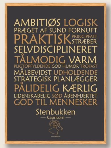 Stjernetegnsplakat med stjernetegnet stenbukken. Populære plakat med stjernetegnet stenbukken på sort baggrund som fortæller om stjernetegnet