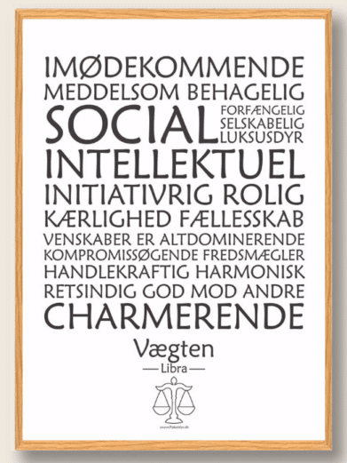 Stjernetegnsplakat med stjernetegnet vægten. Populære plakat med stjernetegnet vægten på hvid baggrund som fortæller om stjernetegnet
