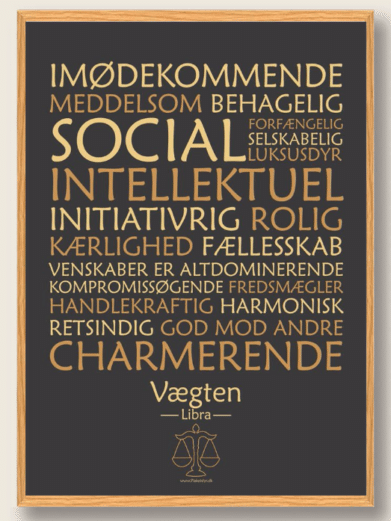 Stjernetegnsplakat med stjernetegnet vægten. Populære plakat med stjernetegnet vægten på sort baggrund som fortæller om stjernetegnet