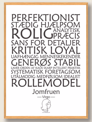 Stjernetegnsplakat med stjernetegnet jomfruen. Populære plakat med stjernetegnet jomfruen på hvid baggrund som fortæller om stjernetegnet