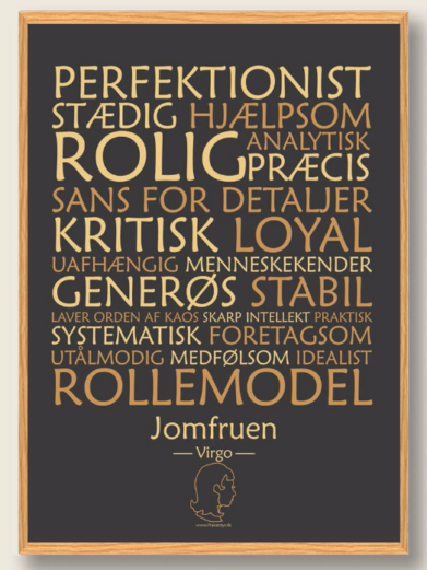 Stjernetegnsplakat med stjernetegnet jomfruen. Populære plakat med stjernetegnet jomfruen på sort baggrund som fortæller om stjernetegnet