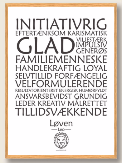 Stjernetegnsplakat med stjernetegnet løven. Populære plakat med stjernetegnet løven på hvid baggrund som fortæller om stjernetegnet