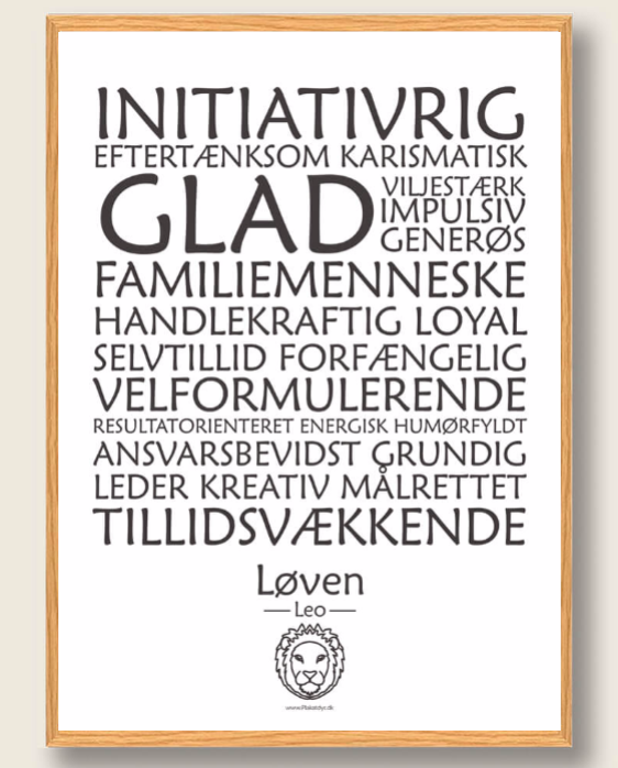 Stjernetegnsplakat med stjernetegnet løven. Populære plakat med stjernetegnet løven på hvid baggrund som fortæller om stjernetegnet