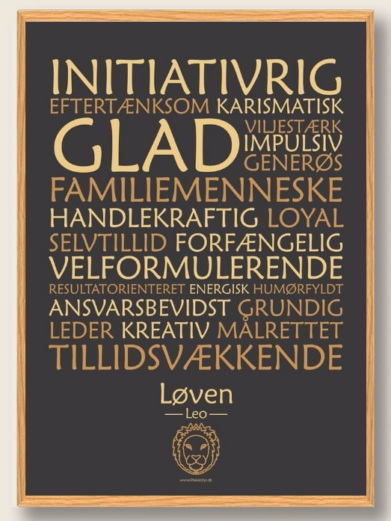 Stjernetegnsplakat med stjernetegnet løven. Populære plakat med stjernetegnet løven på sort baggrund som fortæller om stjernetegnet
