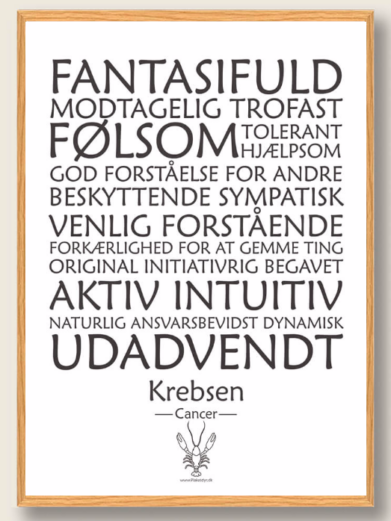 Stjernetegnsplakat med stjernetegnet krebsen. Populære plakat med stjernetegnet krebsen på hvid baggrund som fortæller om stjernetegnet