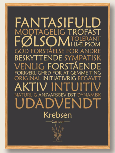 Stjernetegnsplakat med stjernetegnet krebsen. Populære plakat med stjernetegnet krebsen på sort baggrund som fortæller om stjernetegnet