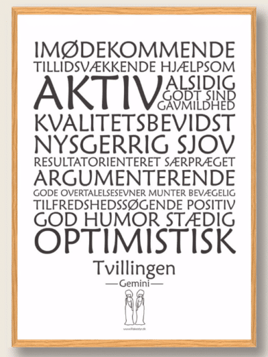 Stjernetegnsplakat med stjernetegnet tvillingen. Populære plakat med stjernetegnet tvillingen på hvid baggrund som fortæller om stjernetegnet