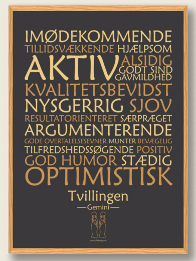 Stjernetegnsplakat med stjernetegnet tvillingen. Populære plakat med stjernetegnet tvillingen på sort baggrund som fortæller om stjernetegnet