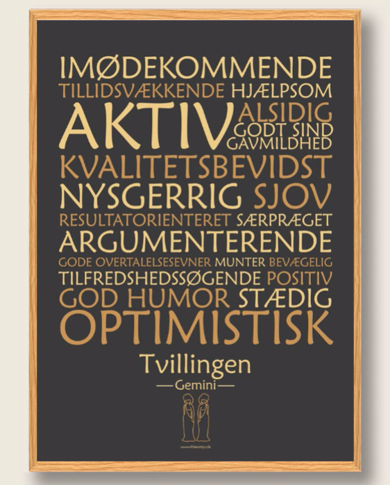 Stjernetegnsplakat med stjernetegnet tvillingen. Populære plakat med stjernetegnet tvillingen på sort baggrund som fortæller om stjernetegnet