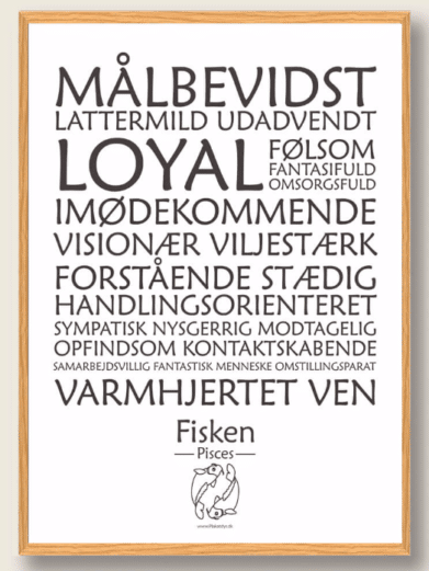 Stjernetegnsplakat med stjernetegnet fisken. Populære plakat med stjernetegnet fisken på hvid baggrund som fortæller om stjernetegnet