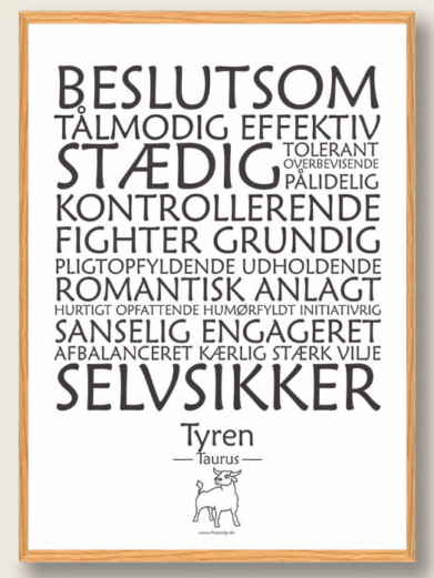 Stjernetegnsplakat med stjernetegnet tyren. Populære plakat med stjernetegnet tyren på hvid baggrund som fortæller om stjernetegnet