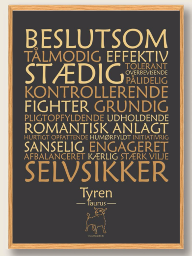 Stjernetegnsplakat med stjernetegnet tyren. Populære plakat med stjernetegnet tyren på sort baggrund som fortæller om stjernetegnet