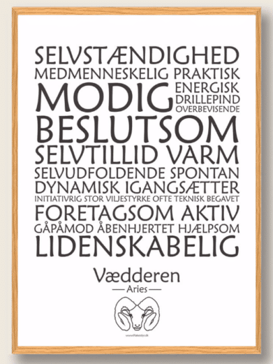 Stjernetegnsplakat med stjernetegnet vædderen. Populære plakat med stjernetegnet vædderen på hvid baggrund som fortæller om stjernetegnet