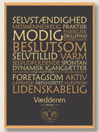 Stjernetegnsplakat med stjernetegnet vædderen. Populære plakat med stjernetegnet vædderen på sort baggrund som fortæller om stjernetegnet