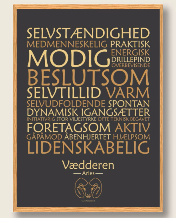 Stjernetegnsplakat med stjernetegnet vædderen. Populære plakat med stjernetegnet vædderen på sort baggrund som fortæller om stjernetegnet
