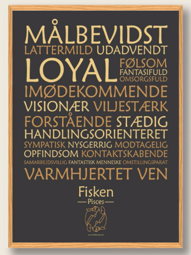 Stjernetegnsplakat med stjernetegnet fisken. Populære plakat med stjernetegnet fisken på sort baggrund som fortæller om stjernetegnet