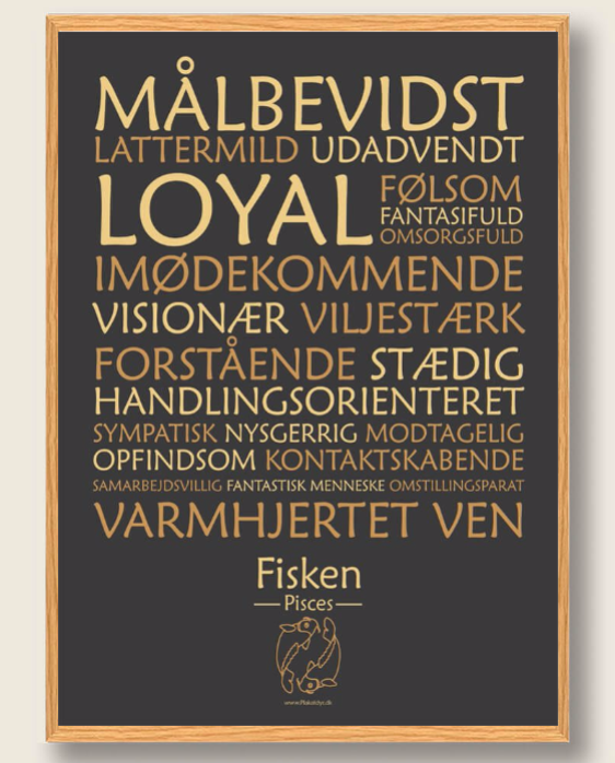 Stjernetegnsplakat med stjernetegnet fisken. Populære plakat med stjernetegnet fisken på sort baggrund som fortæller om stjernetegnet