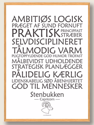 Stjernetegnsplakat med stjernetegnet stenbukken. Populære plakat med stjernetegnet stenbukken på hvid baggrund som fortæller om stjernetegnet