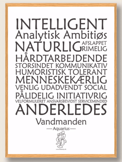 Stjernetegnsplakat med stjernetegnet vandmanden. Populære plakat med stjernetegnet vandmanden på hvid baggrund som fortæller om stjernetegnet