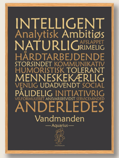 Stjernetegnsplakat med stjernetegnet vandmanden. Populære plakat med stjernetegnet vandmanden på sort baggrund som fortæller om stjernetegnet