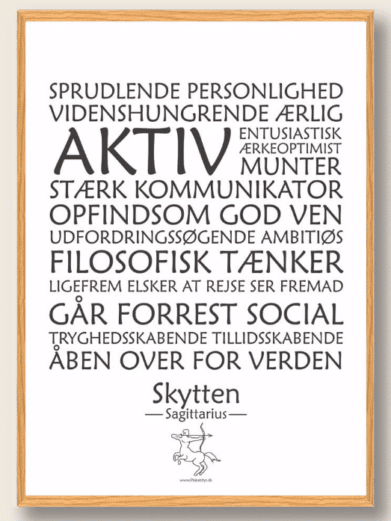 Stjernetegnsplakat med stjernetegnet skytten. Populære plakat med stjernetegnet skytten på hvid baggrund som fortæller om stjernetegnet