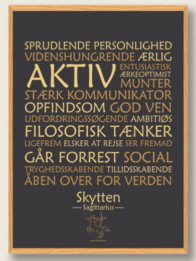 Stjernetegnsplakat med stjernetegnet skytten. Populære plakat med stjernetegnet skytten på sort baggrund som fortæller om stjernetegnet