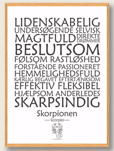 Stjernetegnsplakat med stjernetegnet skorpionen. Populære plakat med stjernetegnet skorpionen på hvid baggrund som fortæller om stjernetegnet