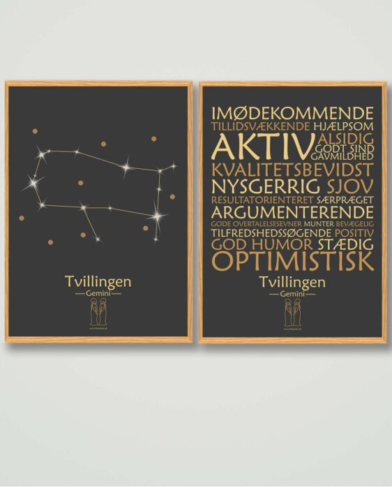 Populære stjernetegns plakater med stjernetegnet tvillingen. Plakatsæt tvillingen med 2 stjernetegnsplakater på sort baggrund