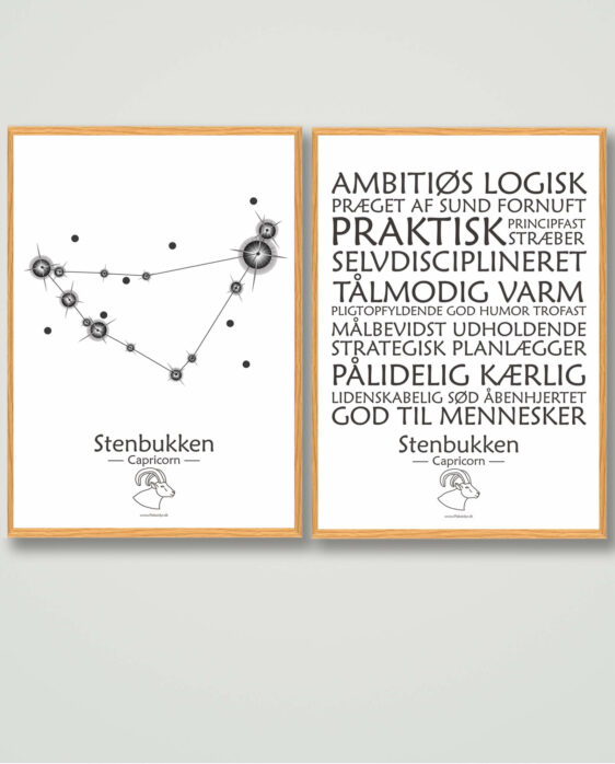 Populære stjernetegns plakater med stjernetegnet stenbukken. Plakatsæt stenbukken med 2 stjernetegnsplakater på hvid baggrund