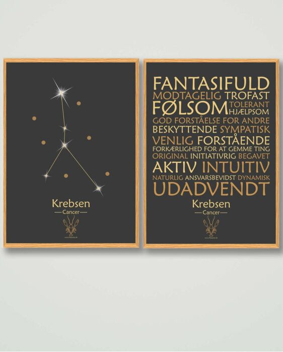 Populære stjernetegns plakater med stjernetegnet krebsen. Plakatsæt krebsen med 2 stjernetegnsplakater på sort baggrund