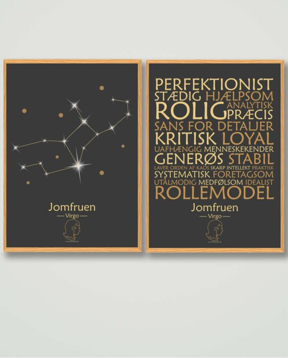 Populære stjernetegns plakater med stjernetegnet jomfruen. Plakatsæt jomfruen med 2 stjernetegnsplakater på sort baggrund