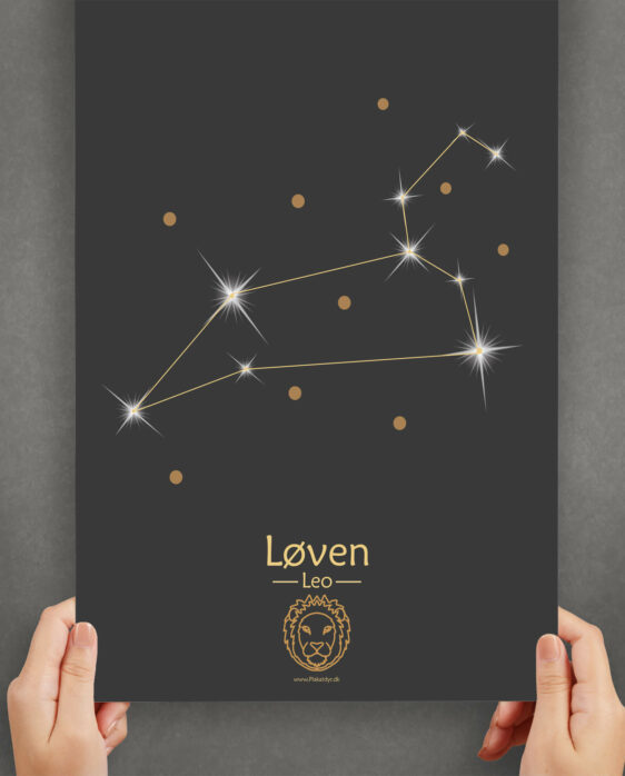 Løven stjernetegn plakat på sort baggrund. Viser stjernebilledet af stjernetegnet løven