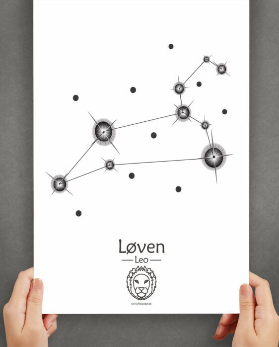 Løven stjernetegn plakat på hvid baggrund. Viser stjernebilledet af stjernetegnet løven