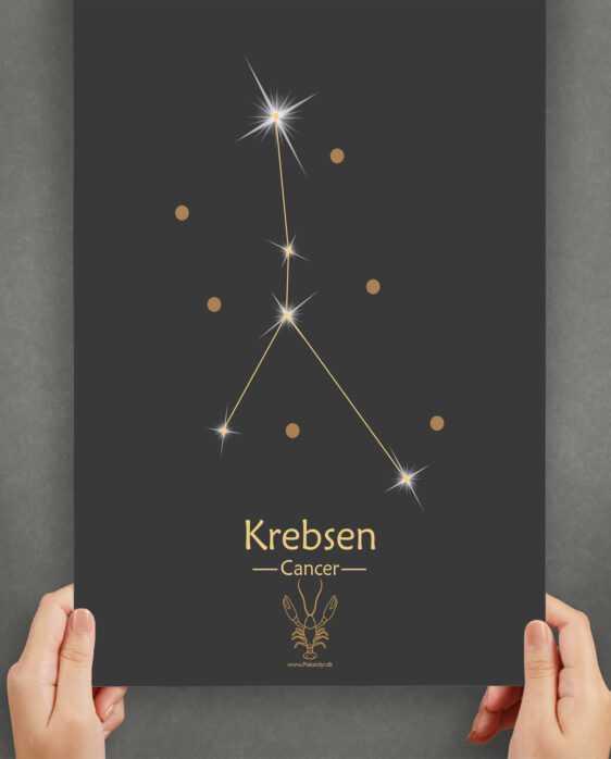 Krebsen stjernetegn plakat på sort baggrund. Viser stjernebilledet af stjernetegnet krebsen