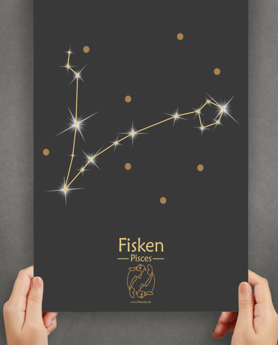 Fisken stjernetegn plakat på sort baggrund. Viser stjernebilledet af stjernetegnet vægten