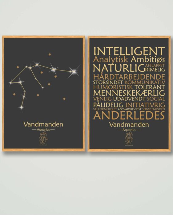 Populære stjernetegns plakater med stjernetegnet vandmanden. Plakatsæt vandmanden med 2 stjernetegnsplakater på sort baggrund