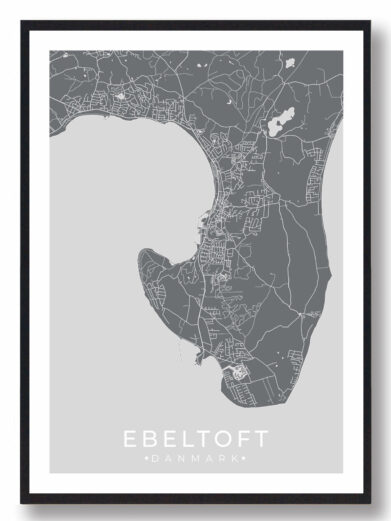 Ebeltoft plakat i stilrent design. Denne Ebeltoft byplakat er med grå baggrund og viser Ebeltoft fra sin smukkeste side