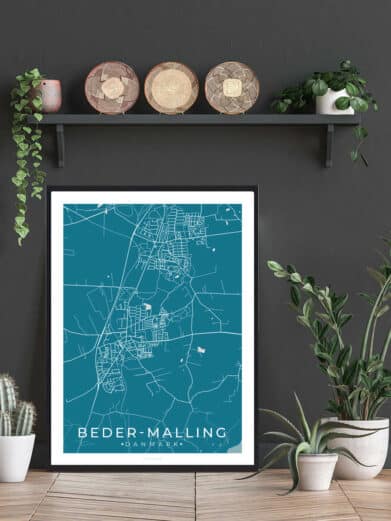 Beder by plakat: A teal map print of Beder-Malling, Denmark, framed in black, styled with plants and decorative baskets.