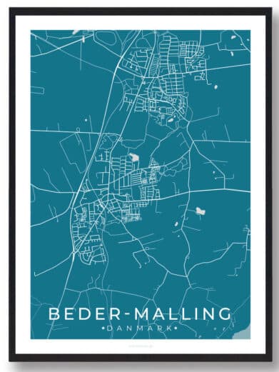 Beder-Malling plakat i sort ramme. Minimalistisk kort over Beder, Danmark, med hvide linjer på en blå baggrund.