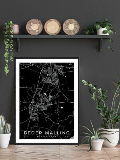 Framed Beder by plakat black map art print of Midtjylland, Denmark. Modern style, sharp detail. Decor accents plants, shelf.