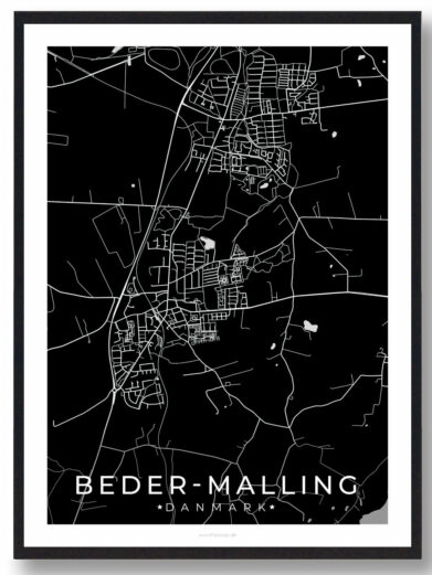 Sort Beder-Malling plakat med minimalistisk kort over Midtjylland. Stilfuldt bykort i sort og hvid. Perfekt vægdekoration fra Danmark.